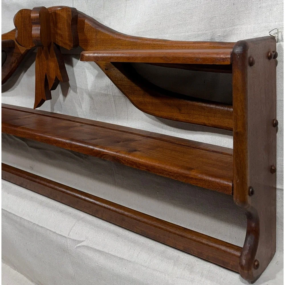 Vintage Walnut Wood Quilt Rack Wall Shelf Carved Bow Ribbon Display 38in GP 92